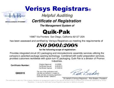 Verisys Registrars® Helpful Auditing Certificate of Registration IAB Accreditation #7C558984