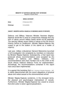 MINISTRY OF DEFENCE AND MILITARY VETERANS Republic of South Africa MEDIA ADVISORY Date:  5 February 2015