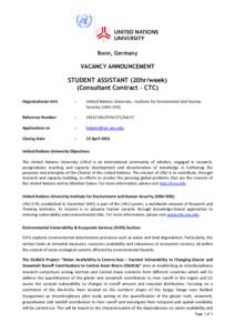 Bonn, Germany  VACANCY ANNOUNCEMENT STUDENT ASSISTANT (20hr/week) (Consultant Contract – CTC)