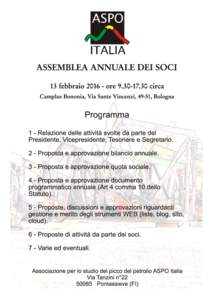 ASSEMBLEA ANNUALE DEI SOCI 13 febbraioorecirca Camplus Bononia, Via Sante Vincenzi, 49-51, Bologna  Programma