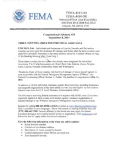 FEMA-4013-DR FEMA-4014-DR Nebraska/FEMA Joint Field Office 2602 Park Blvd/2604 Park Blvd Lincoln, NE[removed]