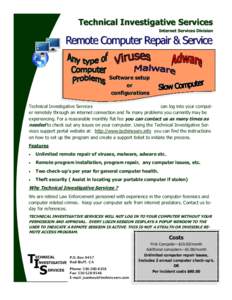 Technical Investigative Services Internet Services Division Remote Computer Repair & Service  Software setup