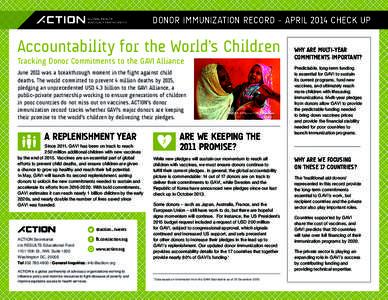 DONOR IMMUNIZATION RECORD - APRIL 2014 CHECK UP  Accountability for the World’s Children Tracking Donor Commitments to the GAVI Alliance June 2011 was a breakthrough moment in the fight against child deaths. The world 