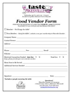 Wednesday, April 6, 2016 5:30 – 8:00 pm DoubleTree by Hilton Baltimore North-Pikesville Food Vendor Form  FORM MUST BE RETURNED NO LATER THAN MARCH 1, 2016 TO ENSURE