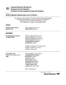 CHICAGO SYMPHONY ORCHESTRA SYMPHONY CENTER PRESENTS THE INSTITUTE FOR LEARNING, ACCESS AND TRAININGSEASON CHRONOLOGICAL LIST OF EVENTS This calendar is current as of May 1, 2012. Artists and programs are subject