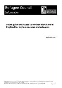Information t Short guide on access to further education in England for asylum seekers and refugees  September 2017