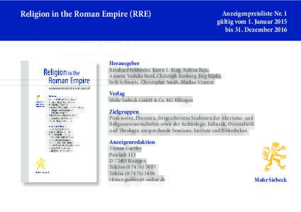 Religion in the Roman Empire (RRE)  Anzeigenpreisliste Nr. 1 gültig vom 1. Januar 2015 bis 31. Dezember 2016