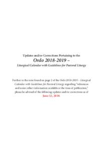 Updates and/or Corrections Pertaining to the  Ordo – Liturgical Calendar with Guidelines for Pastoral Liturgy