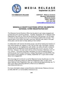 MEDIA RELEASE September 22, 2014 FOR IMMEDIATE RELEASE *********************************  CONTACT: Rebecca Connors