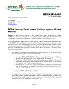 News release - MFDA Hearing Panel makes findings against Robert Marshall