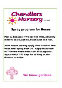 Spray program for Roses Pest & diseases: Two spotted mite, powdery mildew, scale, aphids, black spot and rust. After winter pruning apply Lime Sulphur. One week later spray Pest Oil. Apply Mancozeb or Triforine when blac
