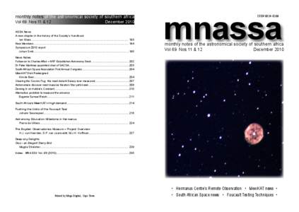 monthly notes of the astronomical society of southern africa Vol 69 Nos 11 & 12 December 2010 ASSA News A new chapter in the history of the Society’s Handbook Ian Glass..................................................