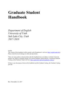 Graduate Student Handbook Department of English University of Utah Salt Lake City, Utah