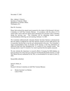 November 27, 2002 Hon. Anthony J. Principi Secretary of Veterans Affairs Department of Veterans Affairs Washington, D.C. Dear Mr. Secretary: