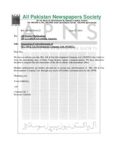 All Pakistan Newspapers Society ST-1/E, Block-16, KDA Scheme 36, Gulistan-e-Jauhar, Karachi Tel: [removed], Fax: [removed], email: [removed], web:www.apns.com.pk Ref: APNS[removed]To: