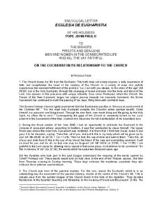 ENCYCLICAL LETTER  ECCLESIA DE EUCHARISTIA OF HIS HOLINESS POPE JOHN PAUL II TO