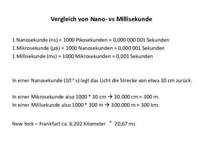 Vergleich von Nano- vs Millisekunde 1 Nanosekunde (ns) = 1000 Pikosekunden = 0,Sekunden 1 Mikrosekunde (μs) = 1000 Nanosekunden = 0,Sekunden 1 Millisekunde (ms) = 1000 Mikrosekunden = 0,001 Sekunden 
