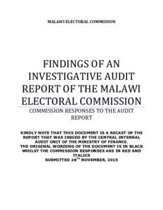 MALAWI ELECTORAL COMMISSION  FINDINGS OF AN INVESTIGATIVE AUDIT REPORT OF THE MALAWI ELECTORAL COMMISSION