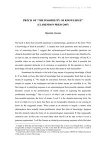 Abstracta SPECIAL ISSUE IV, pp. 2 – 6, 2009  PRÉCIS OF “THE POSSIBILITY OF KNOWLEDGE” (CLARENDON PRESS[removed]Quassim Cassam