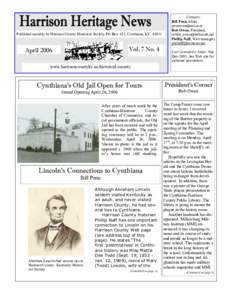 Published monthly by Harrison County Historical Society, PO Box 411, Cynthiana, KY, Vol. 7 No. 4 April 2006