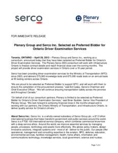 Plenary Group and Serco Inc. Selected as Preferred Bidder for Ontario Driver Examination Services