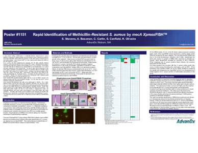 Poster #1151  Rapid Identification of Methicillin-Resistant S. aureus by mecA XpressFISHTM S. Stevens, A. Besonen, C. Carlin, S. Canfield, K. Oliveira AdvanDx Woburn, MA