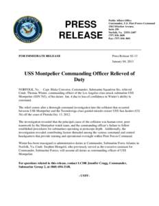 PRESS RELEASE FOR IMMEDIATE RELEASE Public Affairs Office Commander, U.S. Fleet Forces Command