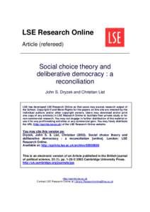 LSE Research Online Article (refereed) Social choice theory and deliberative democracy : a reconciliation