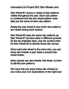 Instructions for Project SEE Star Wheels cont: Star Wheel #1 shows a variety of star patterns visible throughout the year. Each star pattern is numbered and the star wheel pattern code tells you the name of each star pat