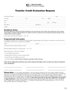 Transfer Credit Evaluation Request Social Security Number _________________________________________________________________________________Date _______________ Last Name _________________________________First ___________