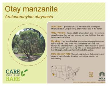 Otay manzanita Arctostaphylos otayensis About me: I grow only on Otay Mountain and San Miguel Mountain in San Diego County, and nowhere else in the world!  Why I’m rare: I have probably always been rare. I live in thes