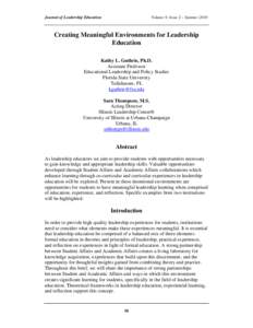 Journal of Leadership Education  Volume 9, Issue 2 – Summer 2010 Creating Meaningful Environments for Leadership Education