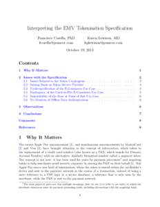 Interpreting the EMV Tokenisation Specification Francisco Corella, PhD  Karen Lewison, MD 