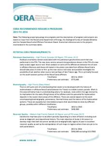 OERA RECOMMENDED RESEARCH PROGRAMS 2013 TO 2016 Note: The following project groupings into programs and the descriptions of programs and projects are based on input from the Nova Scotia Department of Energy, the Geologic