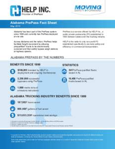 Alabama PrePass Fact Sheet May 2016 Alabama has been part of the PrePass system since 1999 and currently has PrePass deployed at one site.