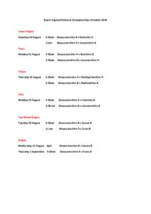 Bowls England National Championships ScheduleJunior Singles Saturday 20 August  9.30am Gloucestershire B v Berkshire A