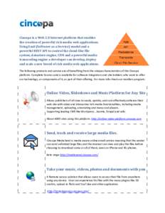 Cincopa is a Web 2.0 Internet platform that enables the creation of powerful rich media web applications. Using SaaS (Software as-a a Service) model and a powerful REST API to control the cloud-like file system, datastor