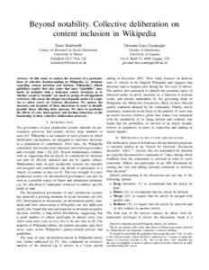 Beyond notability. Collective deliberation on content inclusion in Wikipedia Dario Taraborelli Giovanni Luca Ciampaglia