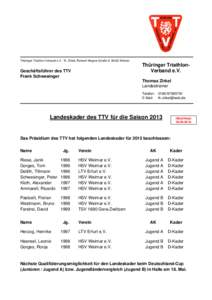 Thüringer Triathlon Verband e.V., Th. Zirkel, Richard-Wagner-Straße 8, 99423 Weimar  Thüringer TriathlonVerband e.V. Geschäftsführer des TTV Frank Schwesinger
