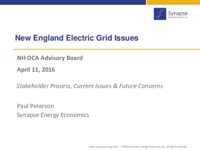 New England Electric Grid Issues NH OCA Advisory Board April 11, 2016 Stakeholder Process, Current Issues & Future Concerns Paul Peterson Synapse Energy Economics