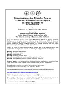Science Academies’ Refresher Course on Mathematical Methods in Physics and their Applications 17–29 October 2016 at