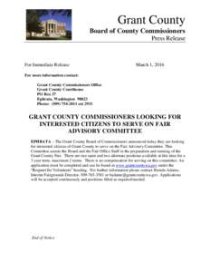 Grant County Board of County Commissioners Press Release For Immediate Release