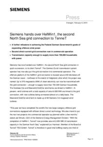 Press Release: Siemens hands over HelWin1, the second North Sea grid connection to TenneT