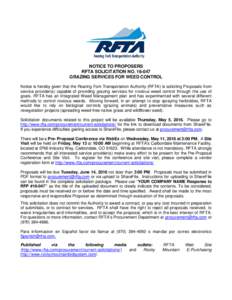 NOTICE TO PROPOSERS RFTA SOLICITATION NOGRAZING SERVICES FOR WEED CONTROL Notice is hereby given that the Roaring Fork Transportation Authority (RFTA) is soliciting Proposals from service provider(s) capable of 