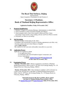 The Royal Thai Embassy, Beijing Announcement Open Competitive Examination for the Position of Secretary (1 Position), Bank of Thailand Beijing Representative Office