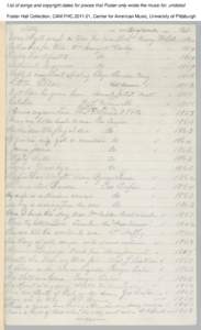 List of songs and copyright dates for pieces that Foster only wrote the music for, undated Foster Hall Collection, CAM.FHC[removed], Center for American Music, University of Pittsburgh. List of songs and copyright dates 
