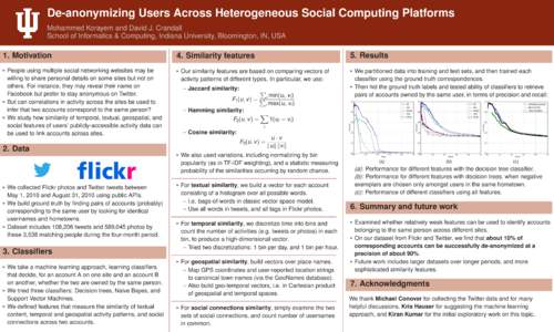 De-anonymizing Users Across Heterogeneous Social Computing Platforms Mohammed Korayem and David J. Crandall School of Informatics & Computing, Indiana University, Bloomington, IN, USA 1. Motivation