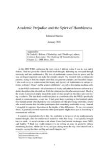 Academic Prejudice and the Spirit of Humbleness Edmund Harriss January 2011 Appeared in: M Cockell, J Billotte, F Darbellay, and F Waldvogel, editors,