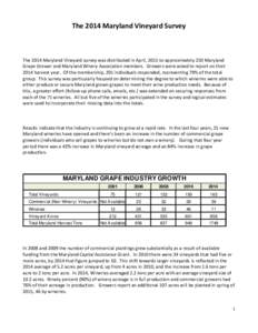 The 2014 Maryland Vineyard Survey  The 2014 Maryland Vineyard survey was distributed in April, 2015 to approximately 250 Maryland Grape Grower and Maryland Winery Association members. Growers were asked to report on thei