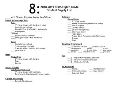 8:  BCMS Eighth Grade Student Supply List  ____ ALL Classes Require Loose Leaf Paper